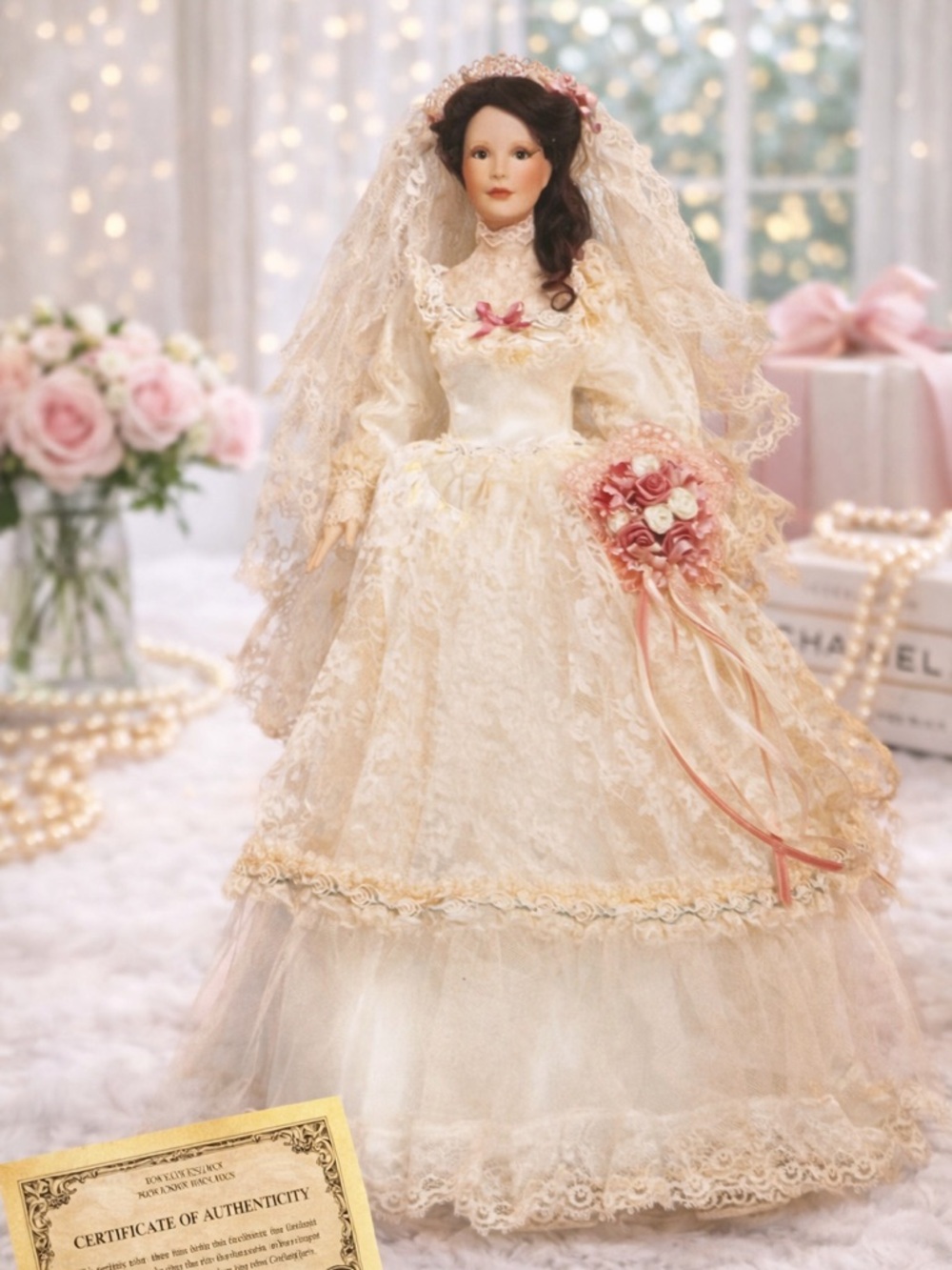 Paradise Galleries Bride Doll Vintage Wedding Lace Gown Porcelain Collector